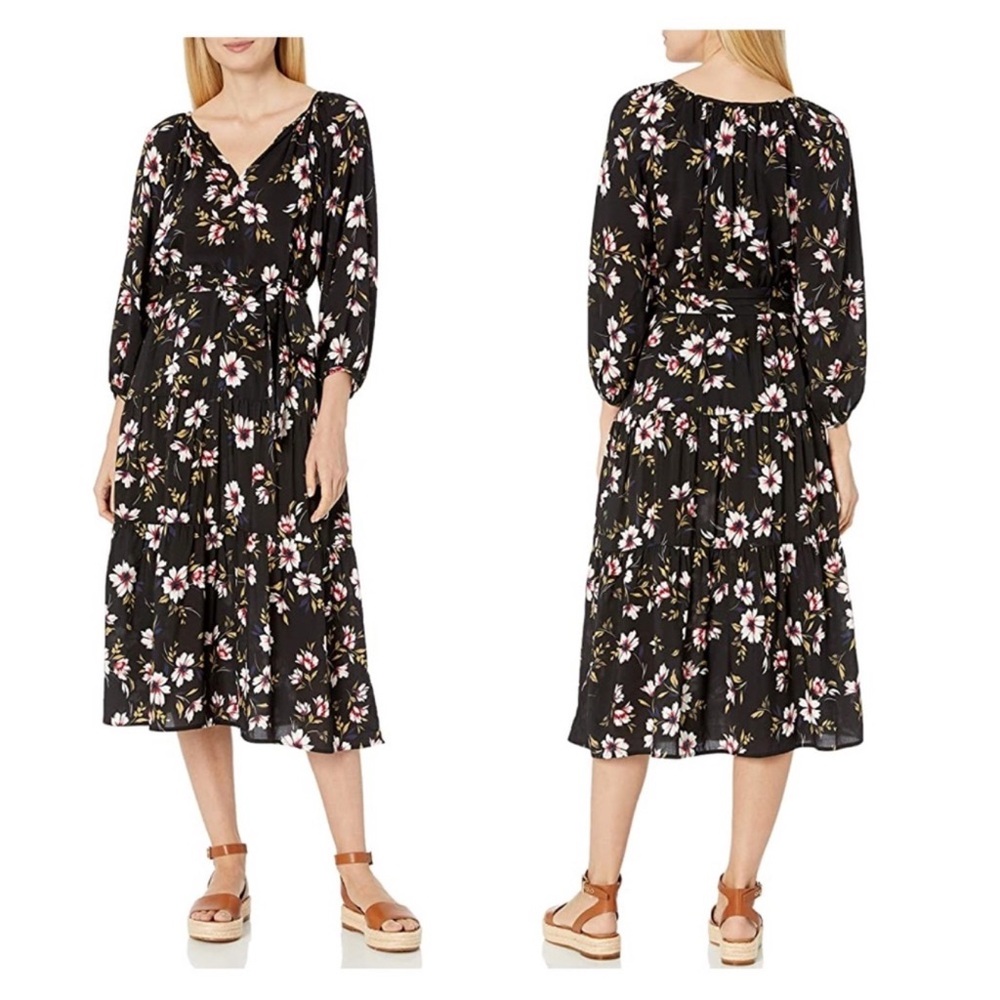 New! VELVET by GRAHAM & Spencer Tiered Belted Floral Midi Dress - Picture 2 of 11